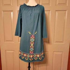 *FINAL PRICE *Young Threads dark teal Aztec embroidered dress.